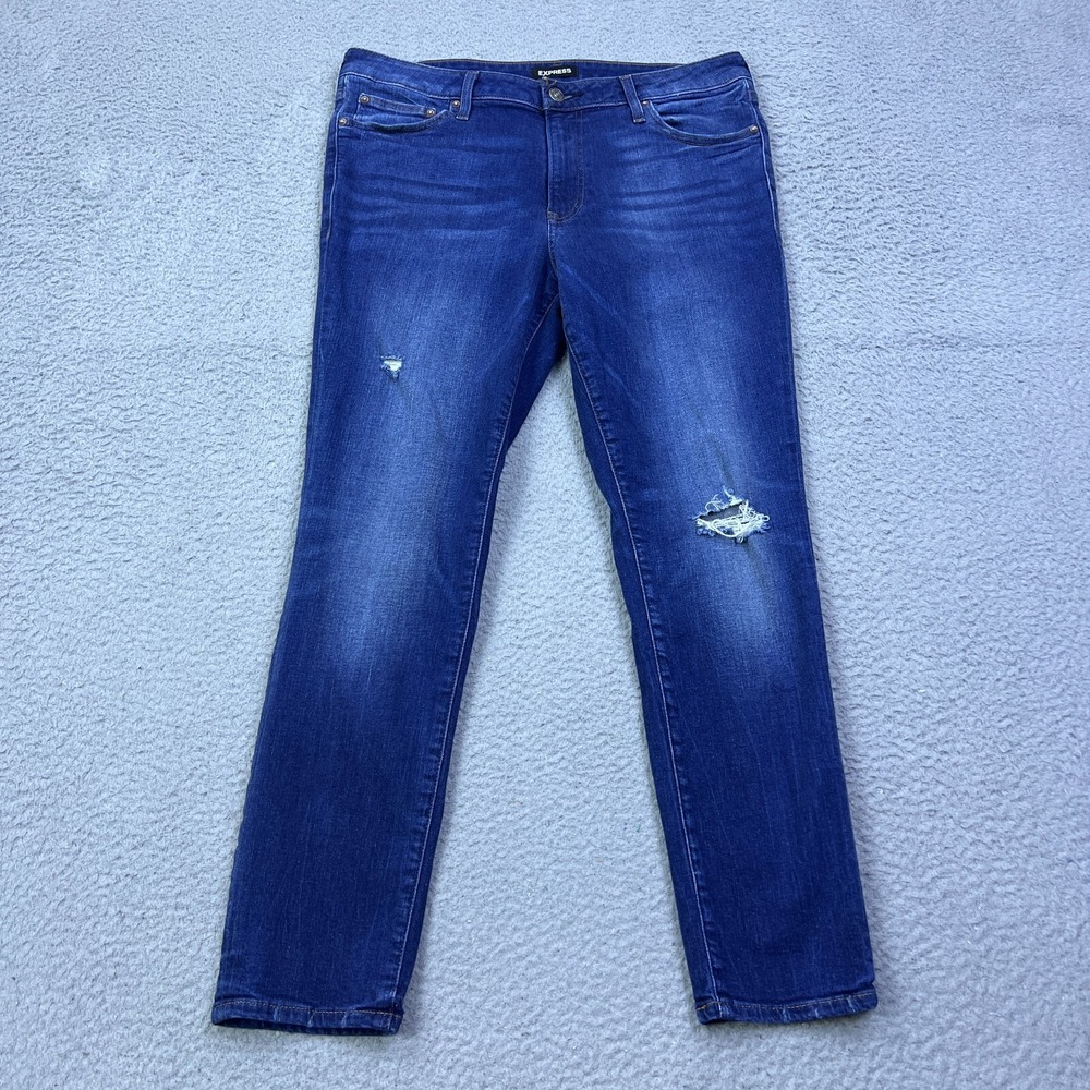 Express Mens Hyper Stretch Jeans 36x30 Blue Slim Denim Dark Wash Distress Preppy